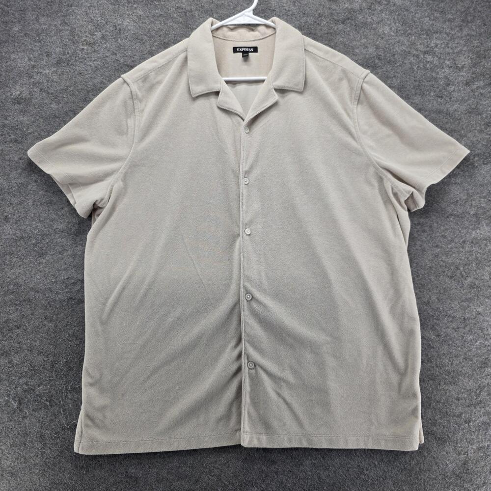 Express Shirt Mens XL Beige Solid Short Sleeve Button-Up Relaxed Fit Lightweight